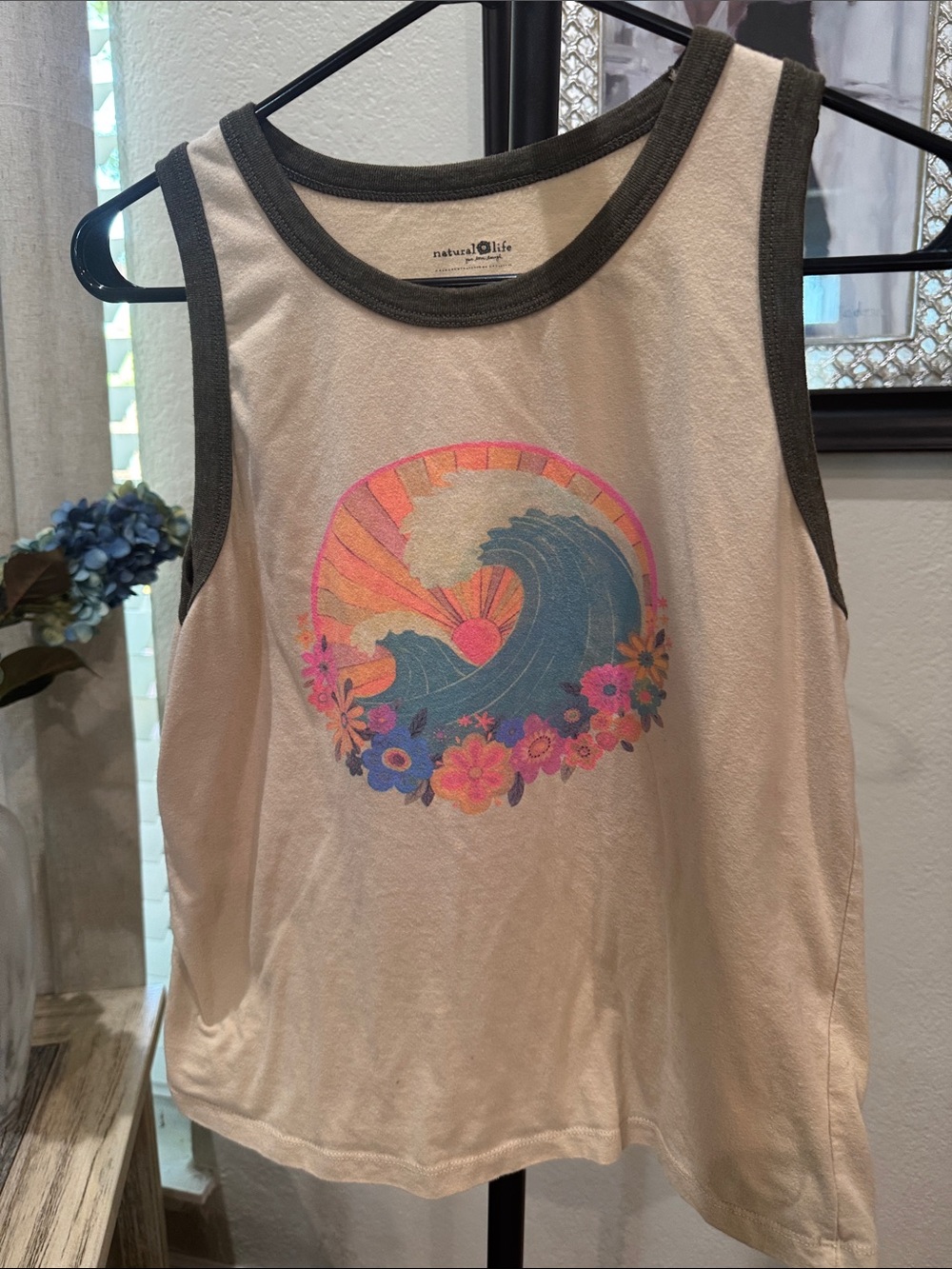 NATURAL LIFE Cream Tank with Blue Wave & Pink Floral Graphic